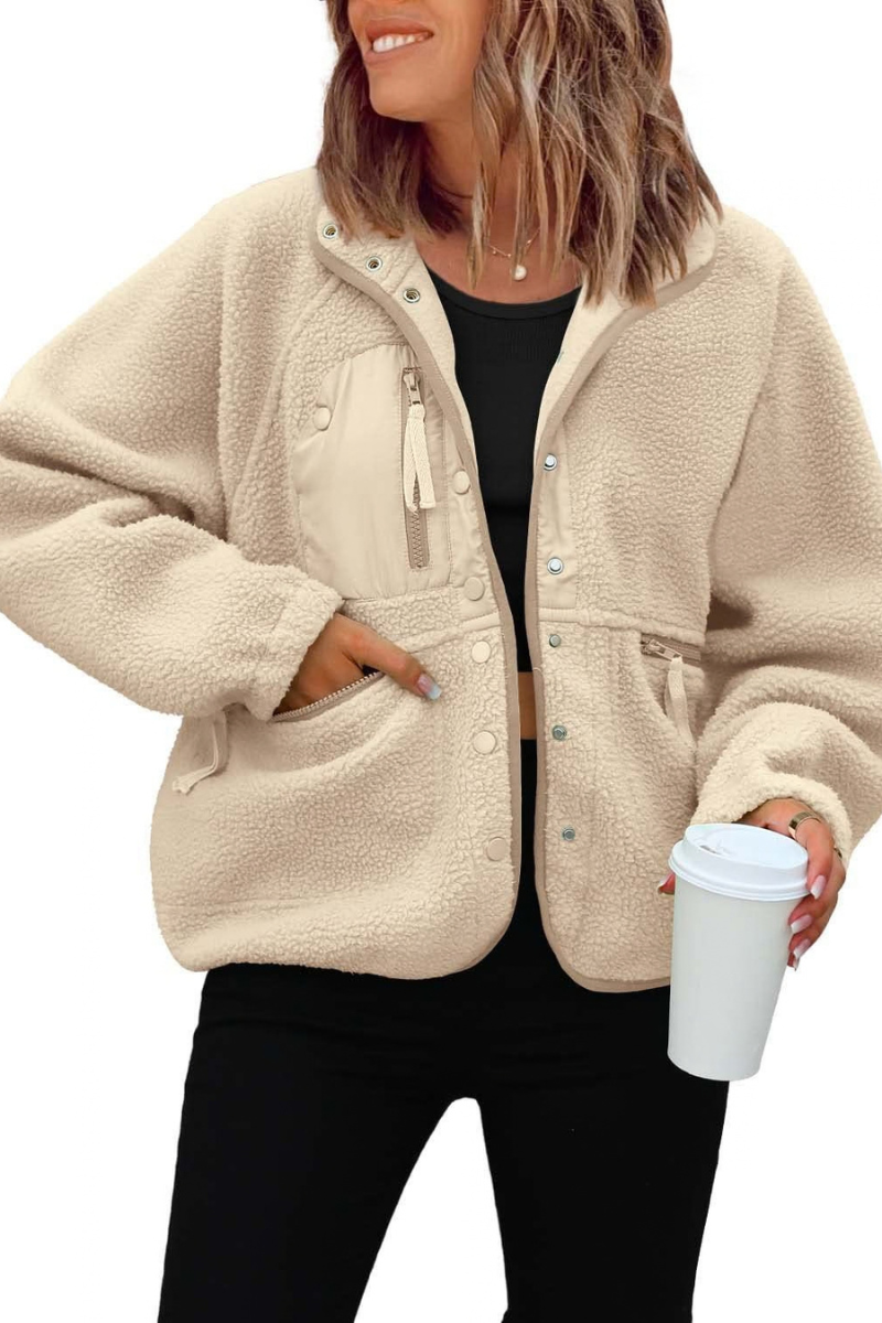 Women's Fall/Winter Patch Pockets Fleece Snap Button Jacket