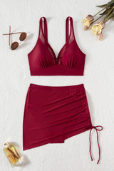 Women's V-neck Mesh Panel Ruched Skirted Two Piece Bikini