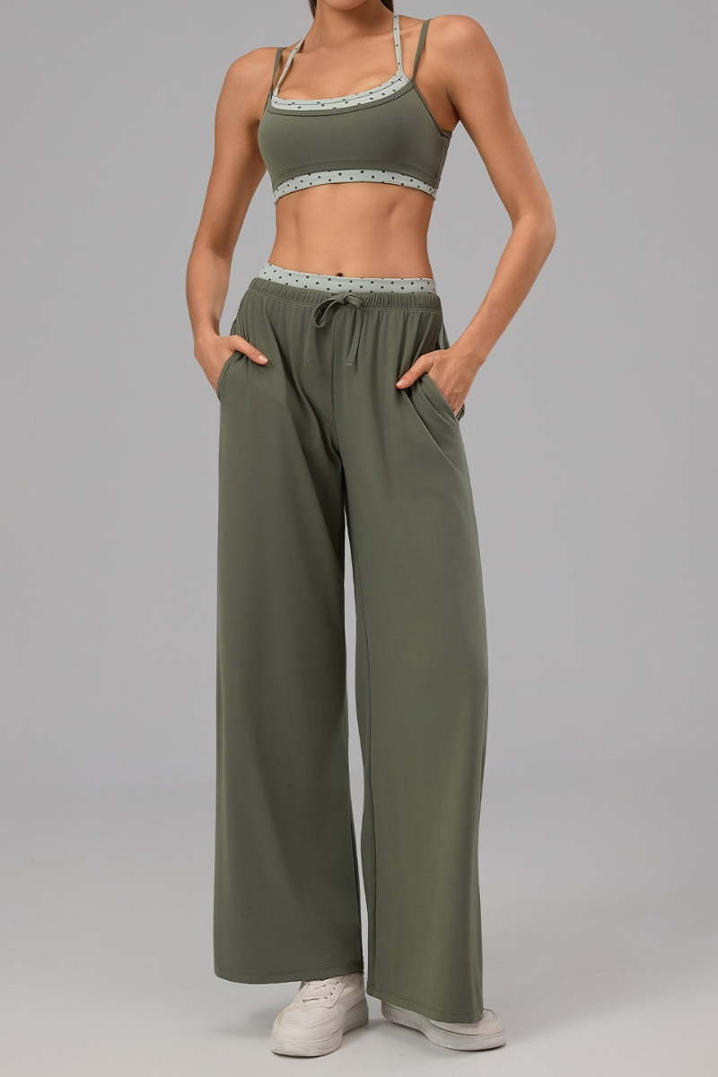 Women's Polka Dot Contrast Bra and Wide Leg Pants Yoga Set
