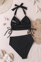 Women's Halter V-Neck Side Tie High Waisted Bikini Set