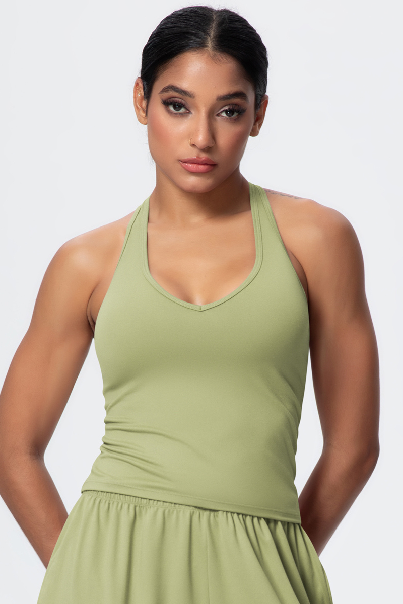 Women’s Brushed-Fabric V-Neck Halter Spaghetti-Strap Open-Back Sports Tank