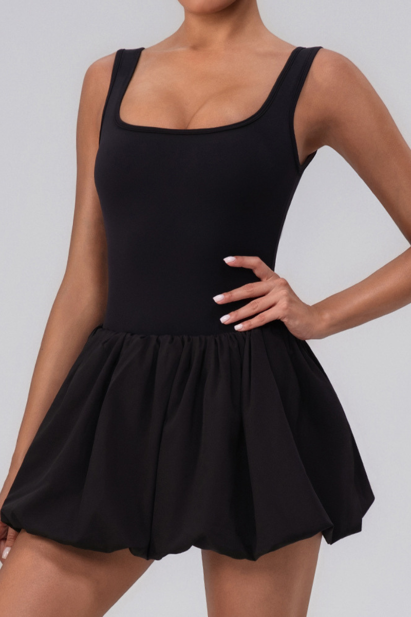 Women's Square Neck Bubble Hem  Inner ShortTennis Mini Dress