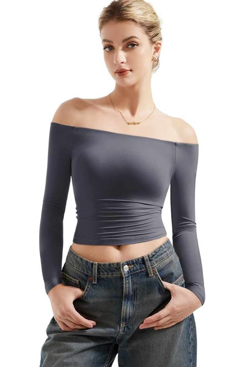 Women's Off-Shoulder Slim Fit Cropped Long-Sleeve Top