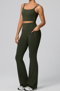 Women's Double Strap Twist Back Cami & Flare Yoga Pants Set