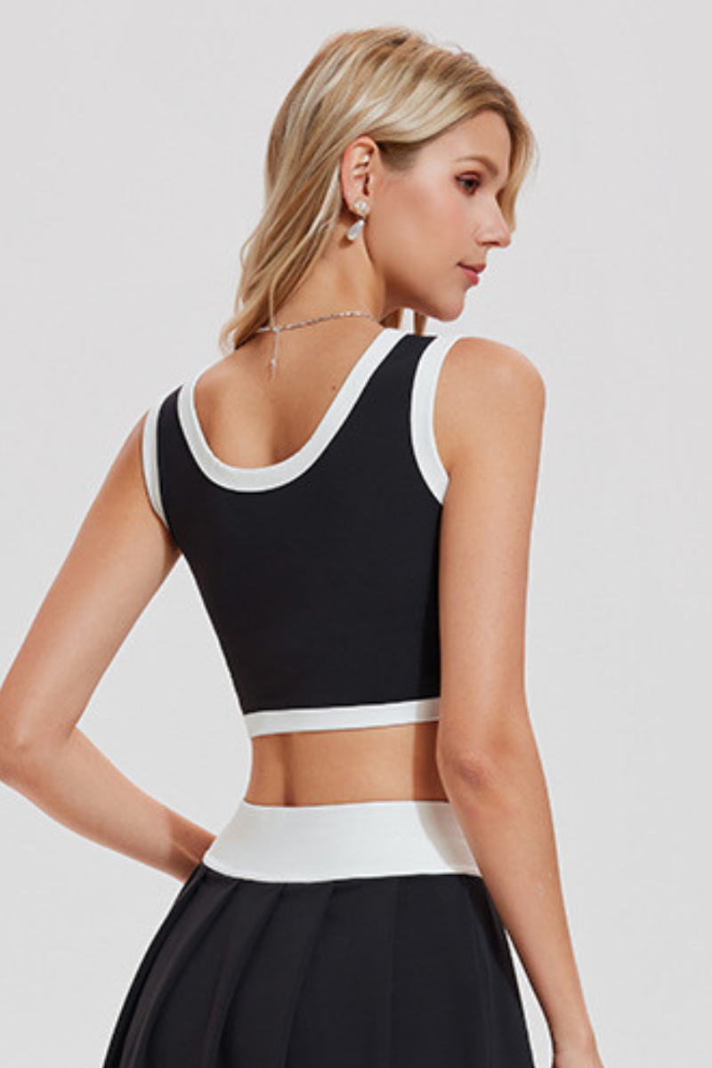 Women's Summer Color-Block V-Neck Sports Tennis Cropped Top