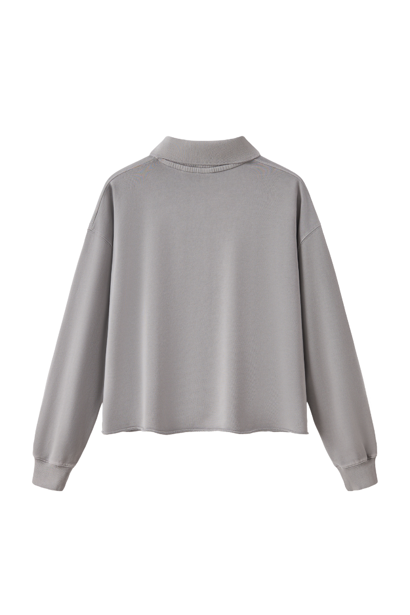 Unisex Fall 100% Cotton Washed Boxy V-Neck Polo Sweatshirt