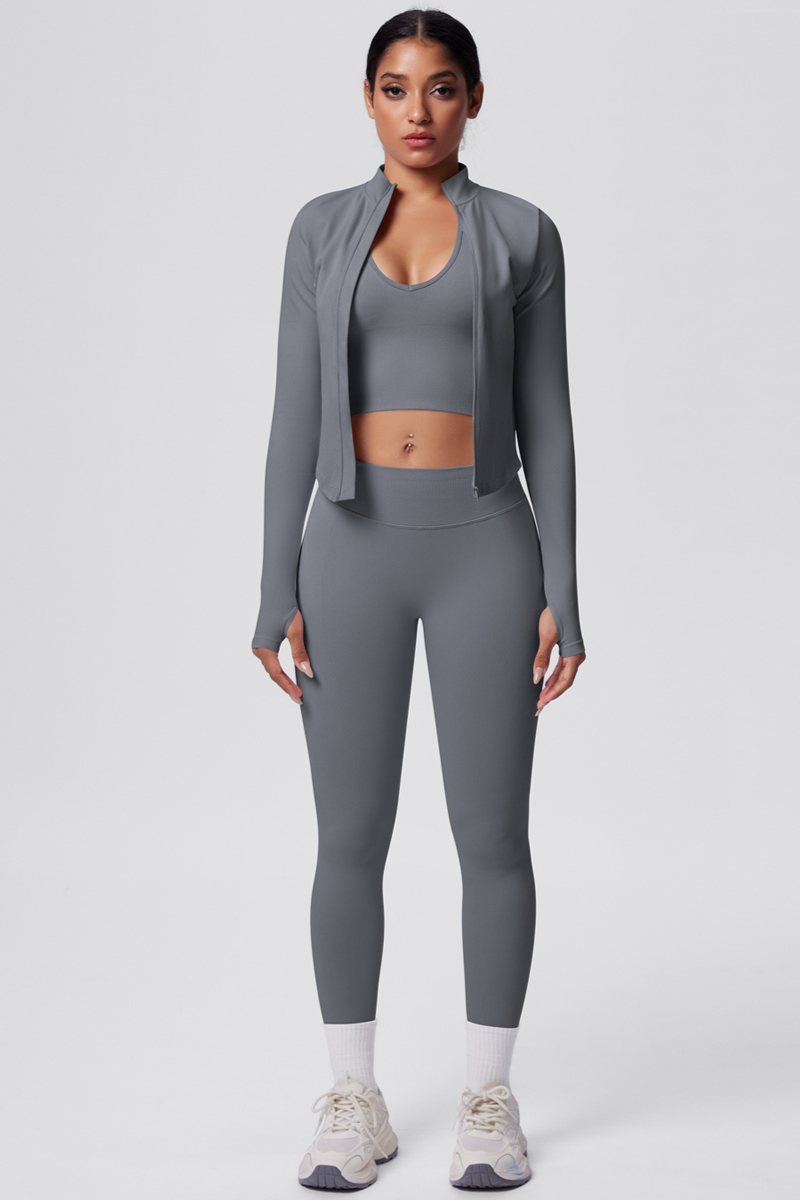 Women's Seamless Tank Top Sport Leggings Jacket Three-Piece Set