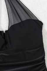 Women's Solid Mesh Panel Halter Ruched Cinched Waist Swimsuit