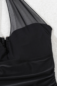 Women's Solid Mesh Panel Halter Ruched Cinched Waist Swimsuit