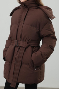 Women's hooded mid-length cotton jacket with waist tie.