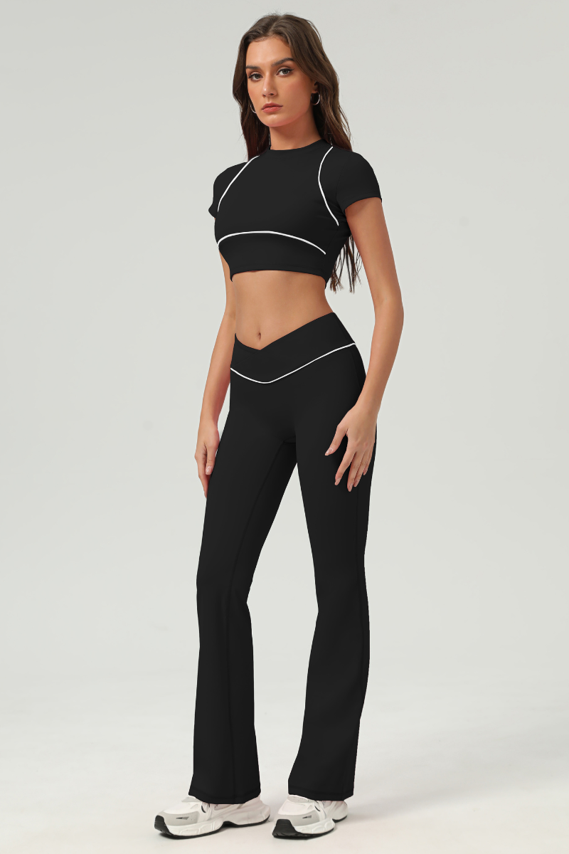 Women's Color‑Contrast Cropped T-shirt & Flared Pants Set