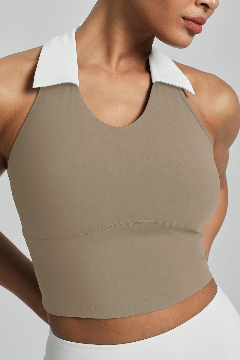 Women's color-blocked lapel sports tank top.