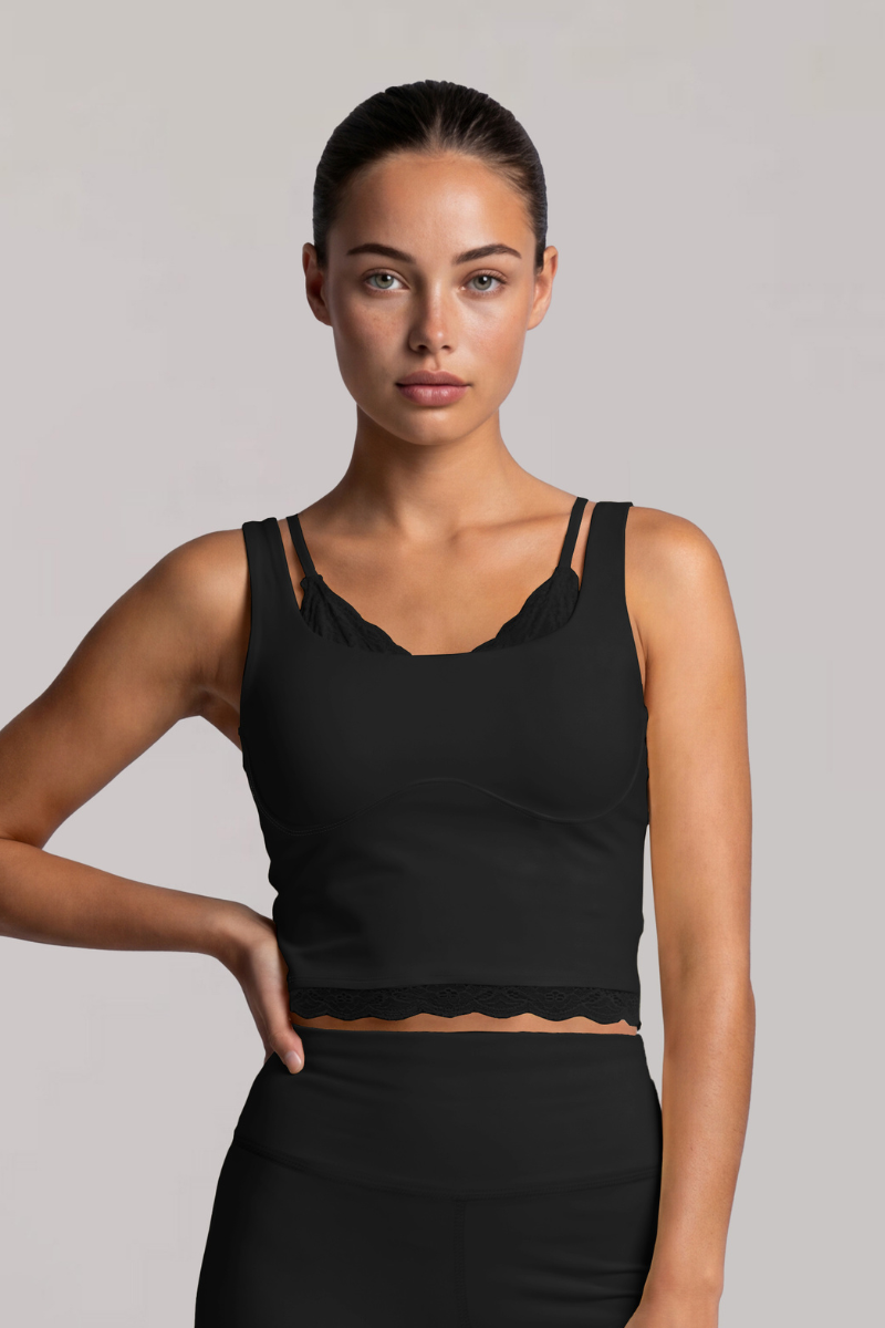 Women’s Two-Piece Wide Strap Lace Trim Cropped Tank Top
