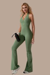 Women's V-neck Halterneck Backless Flared Sport Jumpsuit