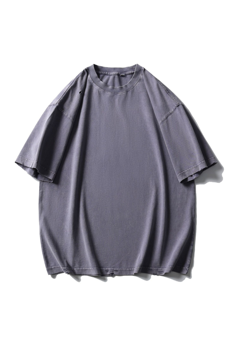 Unisex Cotton Washed RippedLoose Fit Round Neck T-shirt