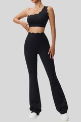 Women's Scalloped One Shoulder Bra & Flared Yoga Pants Set