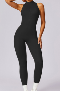 Women's Half Zip Mock Neck Cutout Back One Piece Jumpsuit
