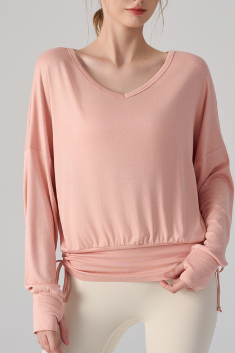 Women's Drawstring Waist and Thumbhole Cuffs Batwing Top