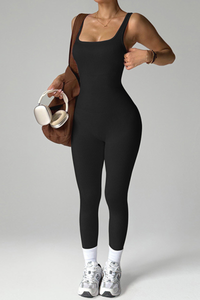 Women's Ribbed Square-Neck Strap Workout Jumpsuit