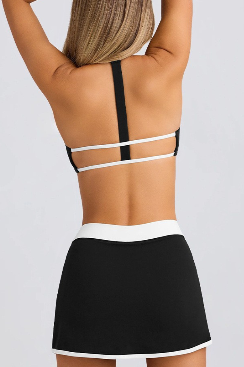 Halter T-Back Sports Bra&High-Waist Split Skort 2-Piece Set