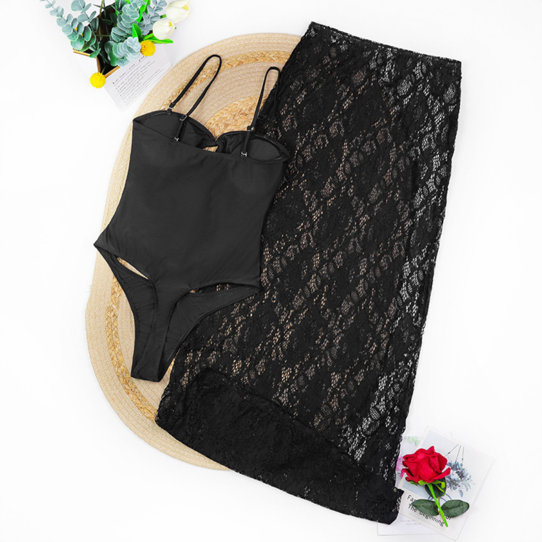 Women's Metal Button Strapless Lace One Piece Swimsuit