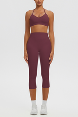 Women Halter V-neck Bra & High Waist Capri Leggings Yoga Set