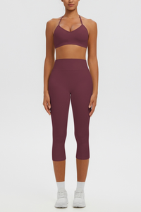 Women Halter V-neck Bra & High Waist Capri Leggings Yoga Set