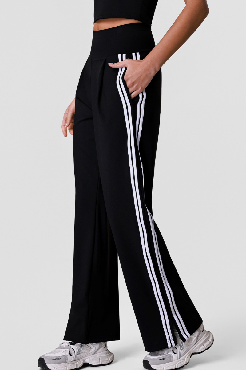 Women's Pleated Front Side-Stripe Wide-Leg Athletic Pants