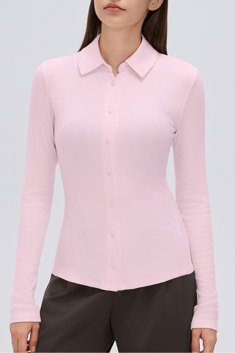 Women's Button-Front Polo Slim Fit Shirt Long-Sleeve Top