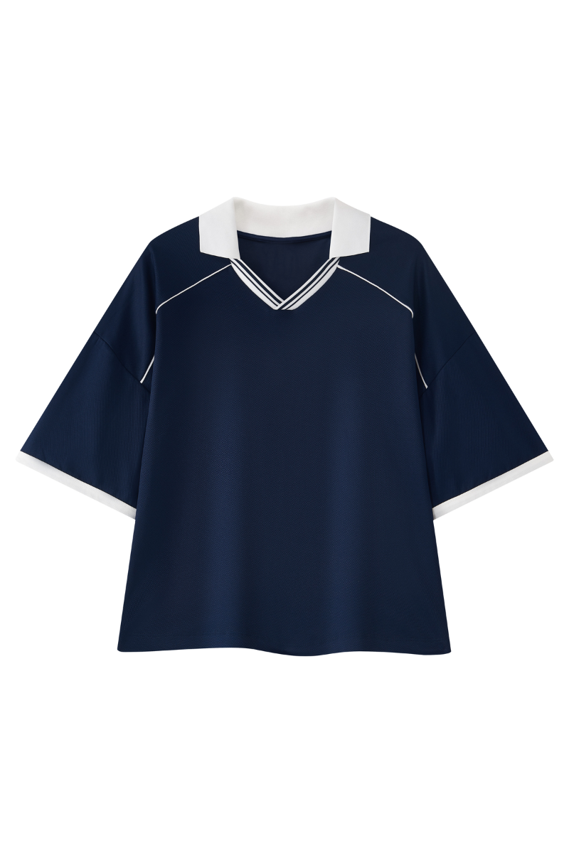 Unisex V-Neck Contrast Trim Polo Collar Sports T-shirt