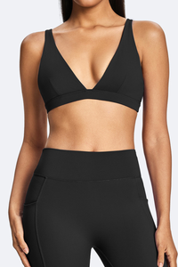 Women's Deep V  Neck Removable Pad Wide Straps Sports Bra