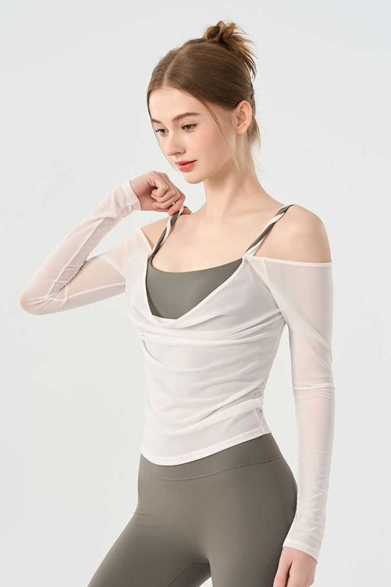 Women’s Twist Strap  Sheer Off-Shoulder Padded Yoga Top