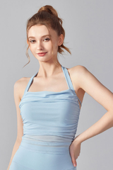 Women's HalterTie-Back Ruched Waist Mesh Padded Yoga Tank Top