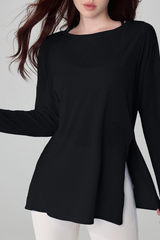 Women's Spring Summer Loose Fit Sheer Side Slit Long Sleeve Top