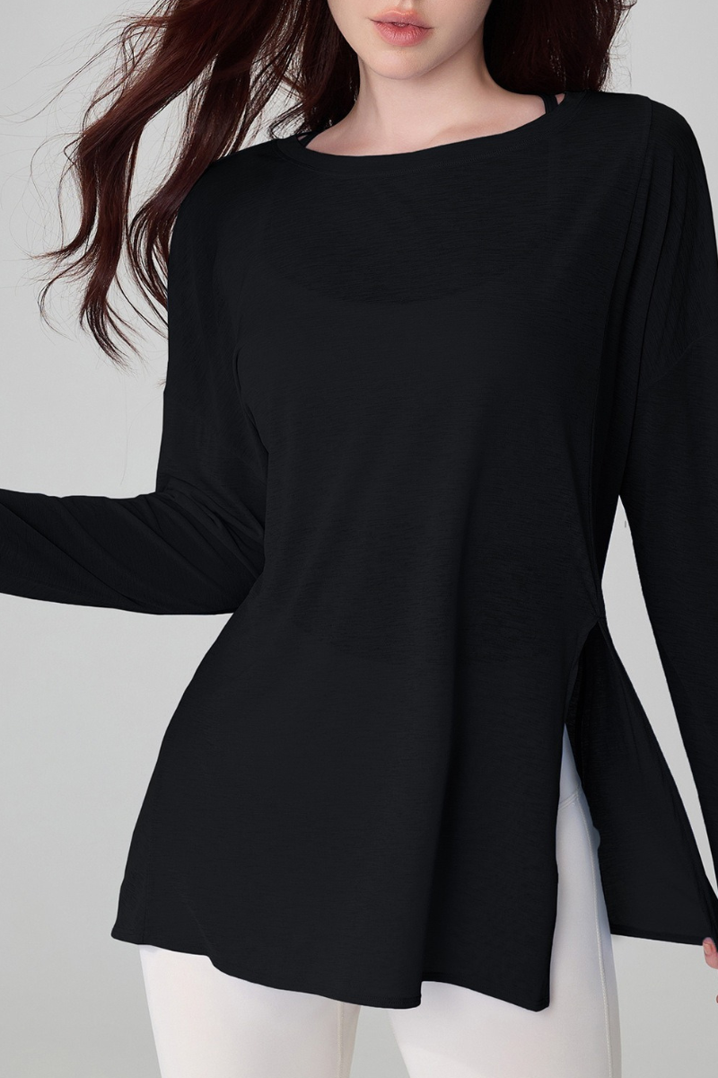 Women's Spring Summer Loose Fit Sheer Side Slit Long Sleeve Top