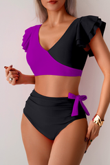 Women's Color-blocked V-neck Ruffled Two Piece Tankini Set