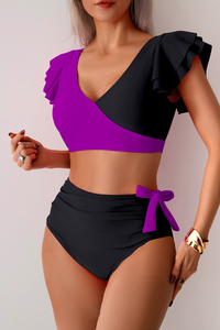 Women's Color-blocked V-neck Ruffled Two Piece Tankini Set