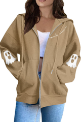 Women Halloween Ghost Print Zip Up Hoodie
