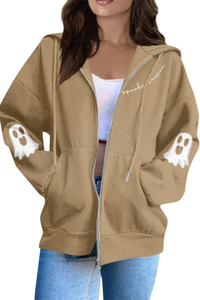 Women Halloween Ghost Print Zip Up Hoodie
