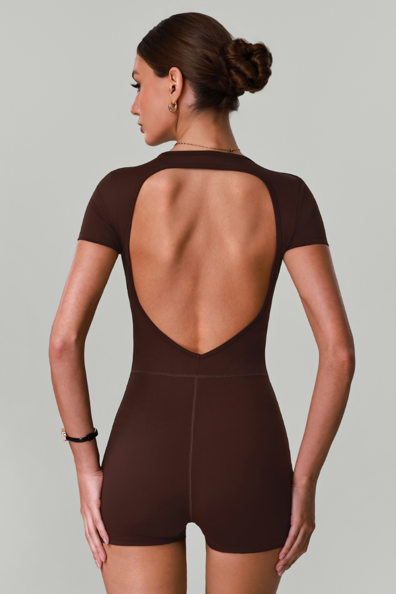 Women's Solid Open-Back Short-Sleeve Workout Jumpsuit