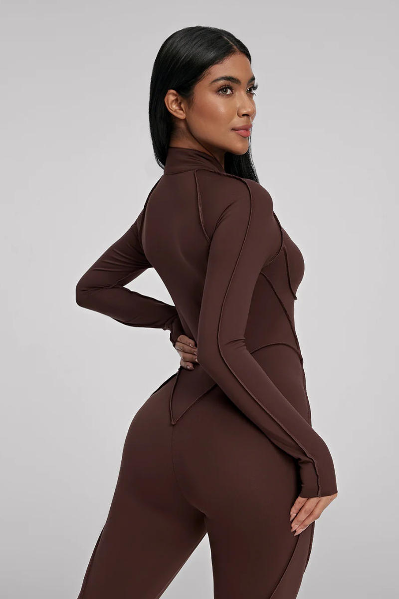 Women's Stand Collar Seam Detail Yoga Long Sleeve Jumpsuit