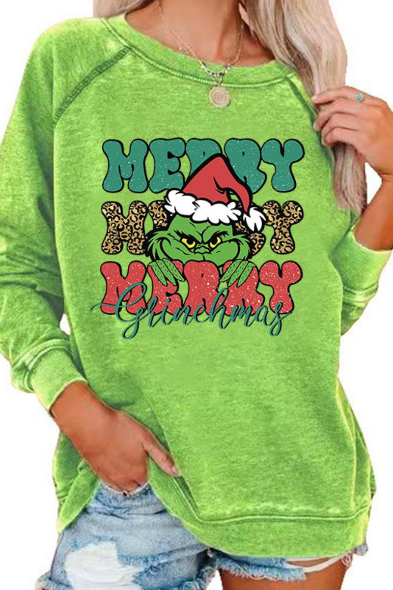 Women's Fall Cotton Christmas Grinch Cartoon Raglan Pullover