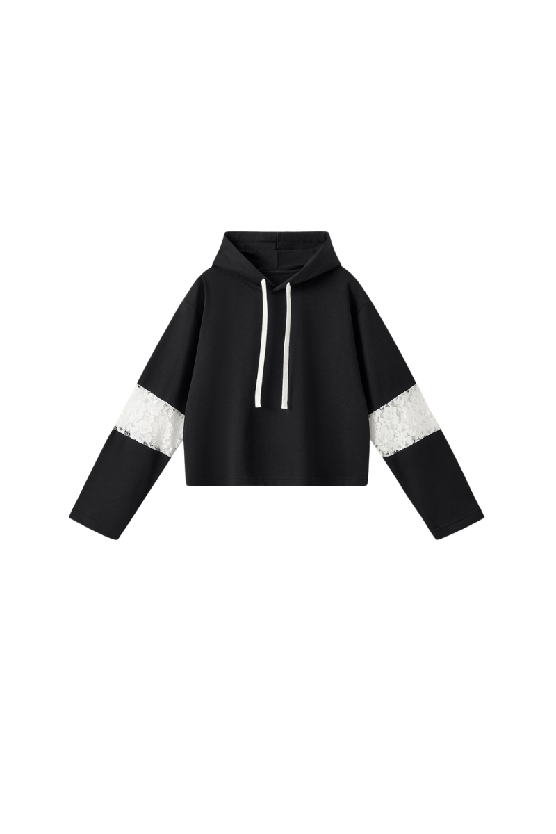 Women's Fall Cropped Openwork Lace Patchwork Hoodie