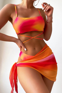 Women's Tie Dye Back Tie High Waist Bikini Set - 3pcs