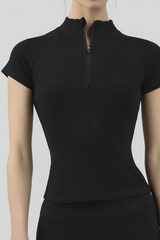 Women's Half Zip Stand Collar Slim Fit Short Sleeve Top