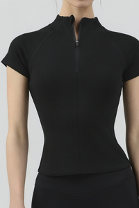 Women's Half Zip Stand Collar Slim Fit Short Sleeve Top