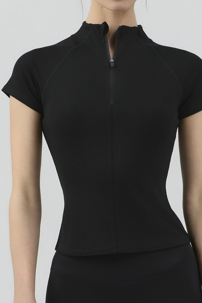 Women's Half Zip Stand Collar Slim Fit Short Sleeve Top