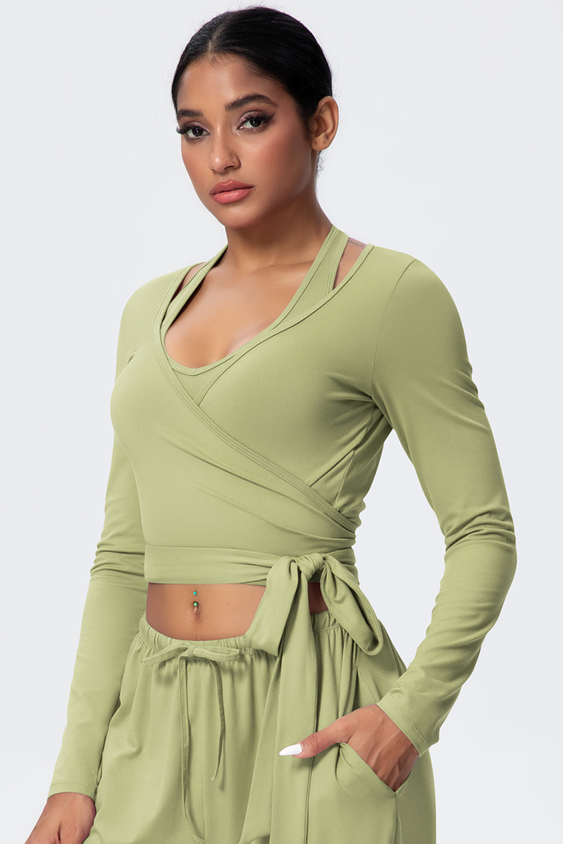 Women’s Criss-Cross Waist Straps Halterneck Long-Sleeve Top