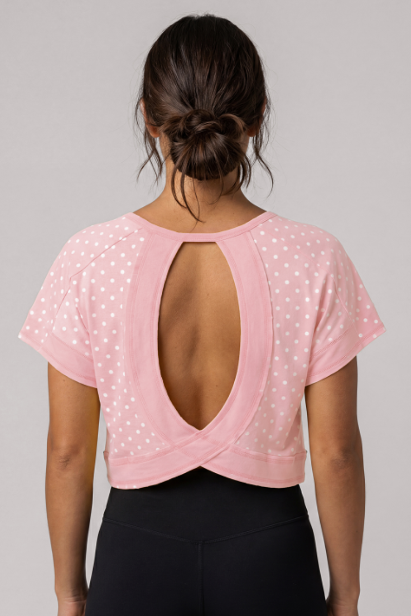 Women's Summer Polka Dot Cutout Back Cropped Sports Tee
