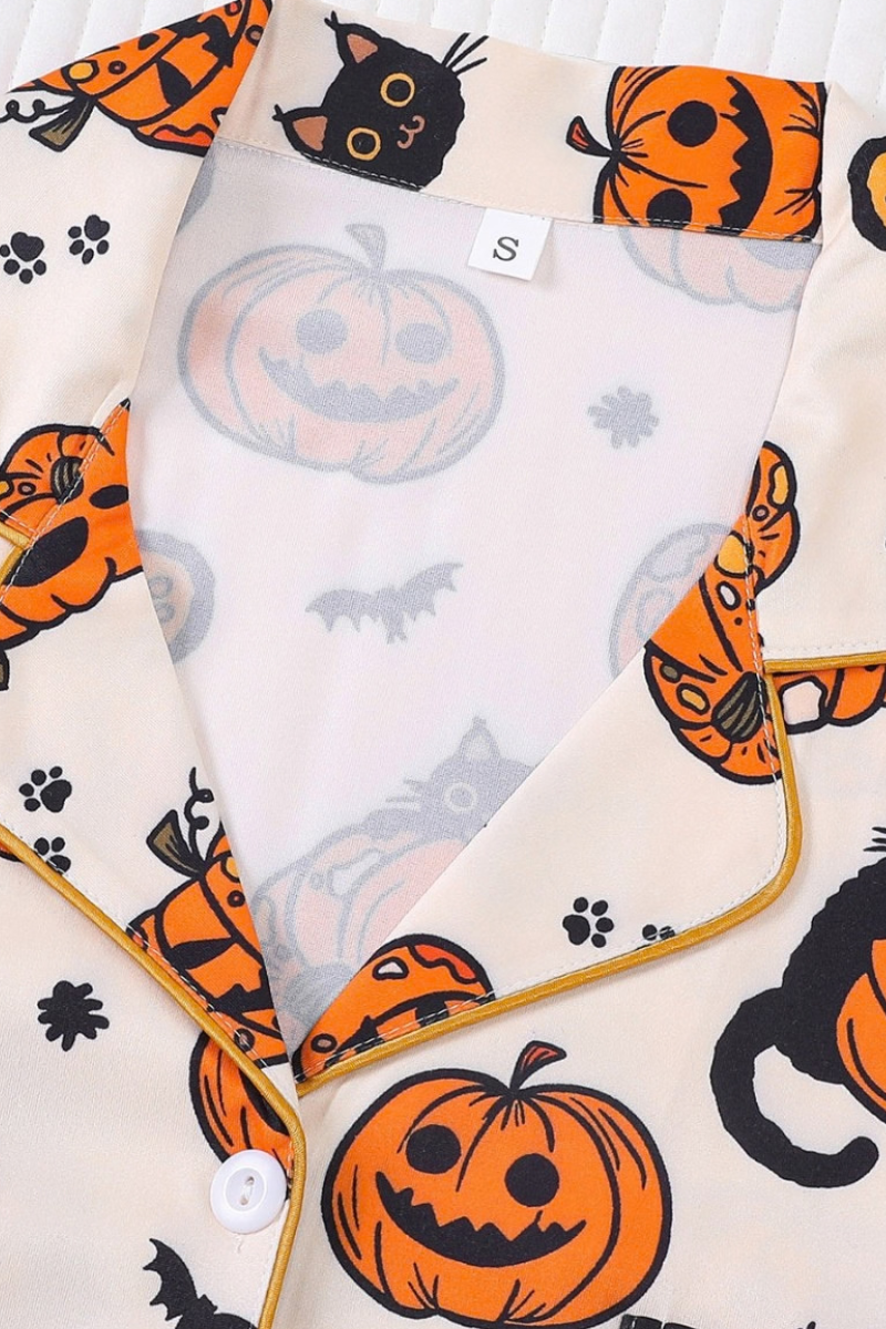 Women's Fall Halloween Pumpkin Black Cat Print Pajama Set